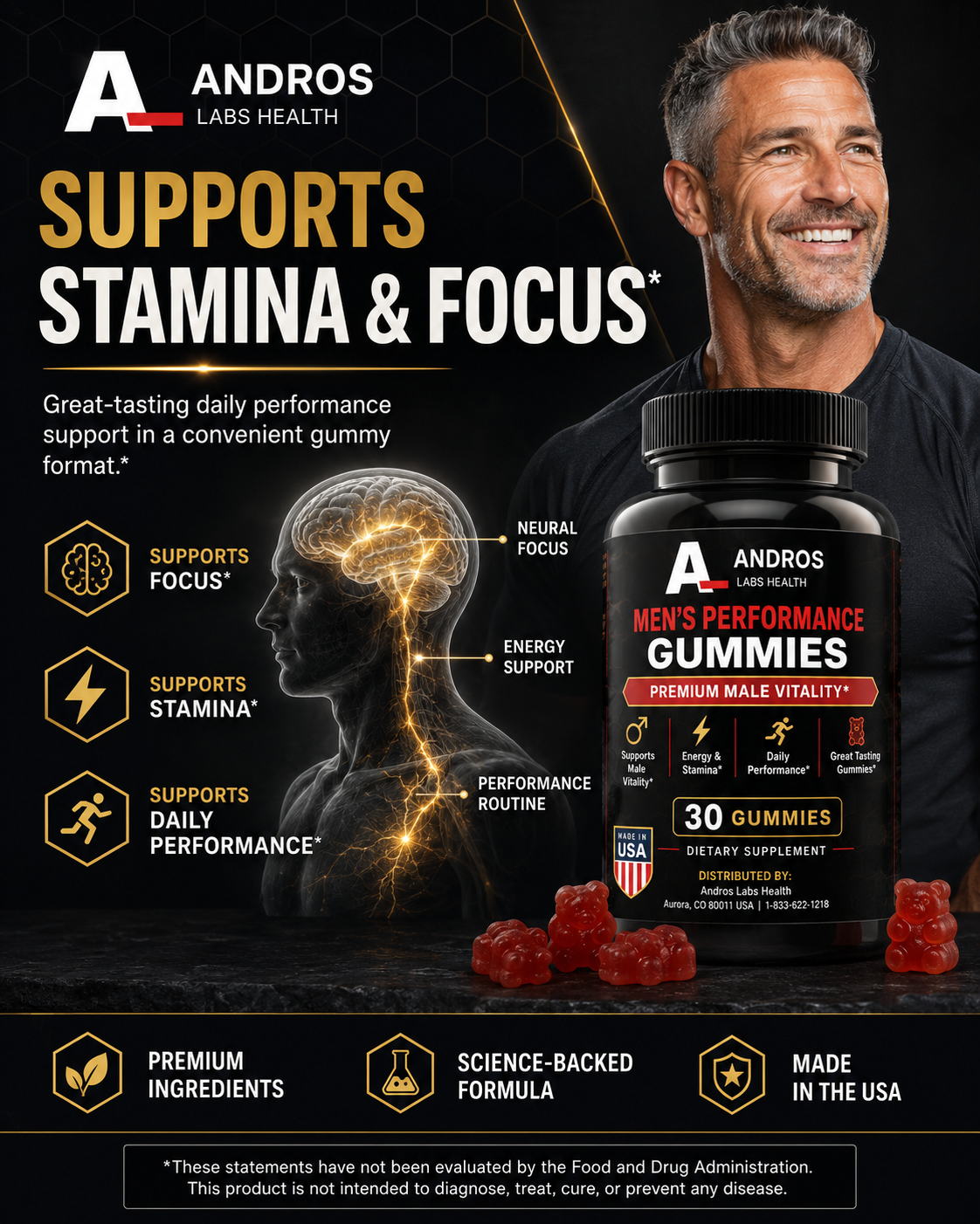 Andros Labs Men's Performance Gummies — Boost Your Energy, Cherry Flavor Gummies