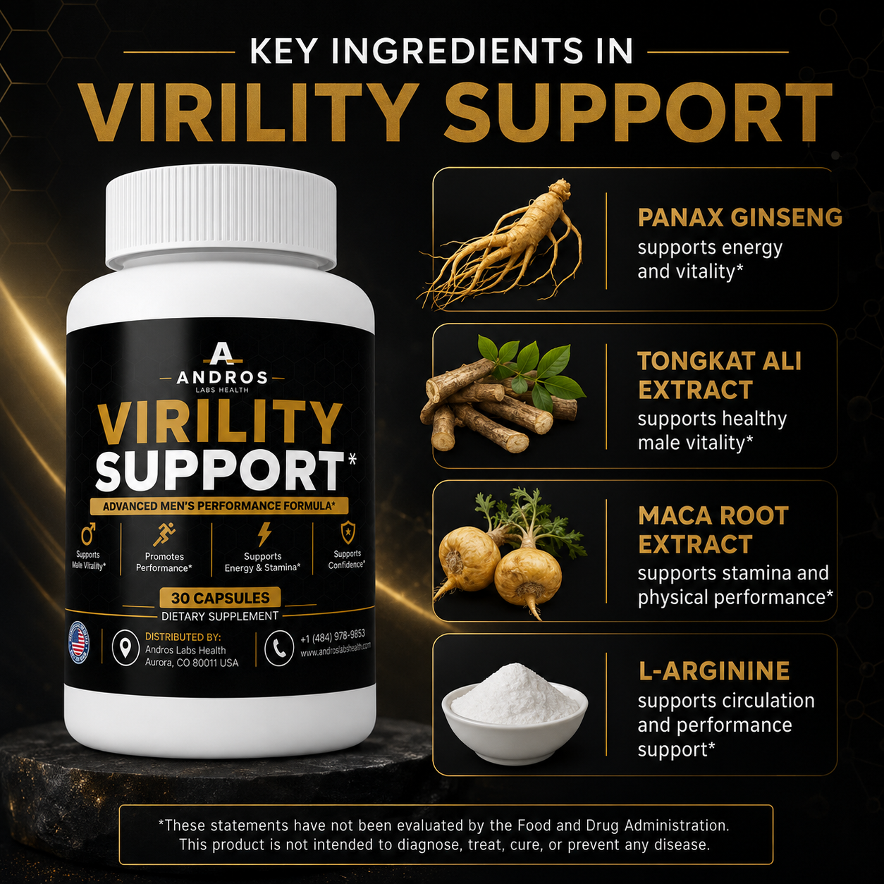 Andros Labs Virility Support Gummies bottle — male stamina, drive and performance supplement