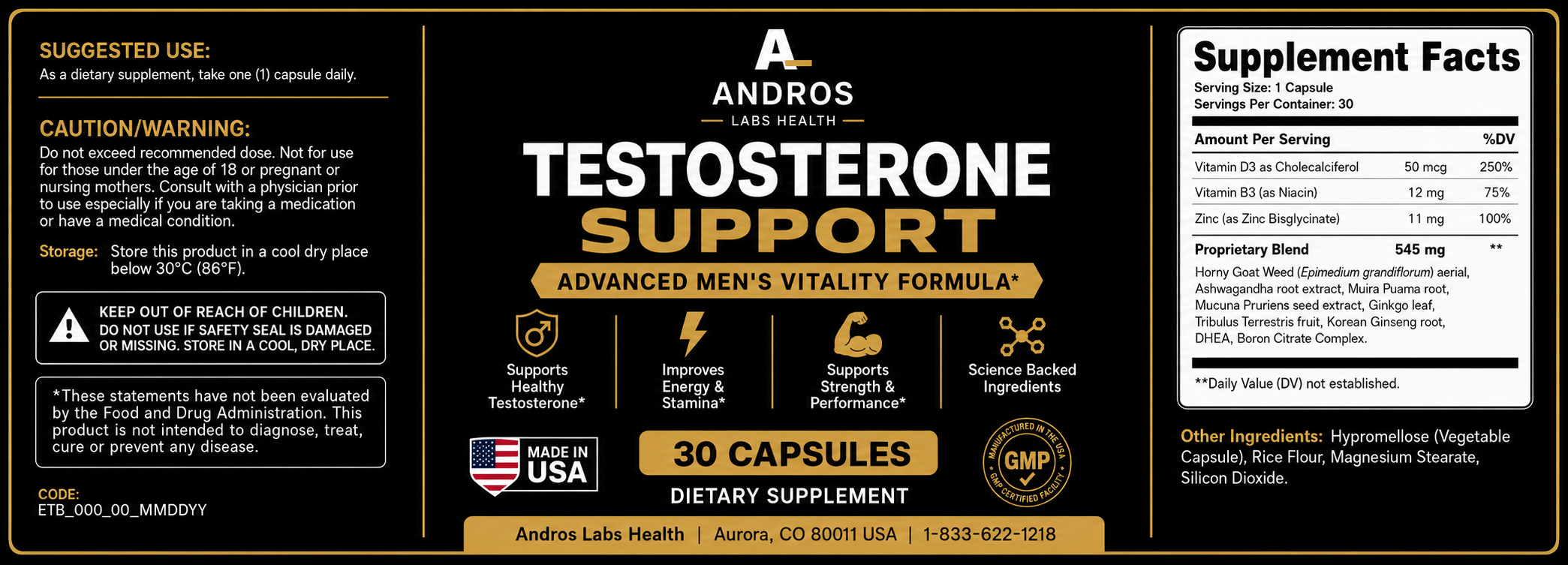Andros Labs Testosterone Support — Strength, Stamina & Vitality for Men 40+