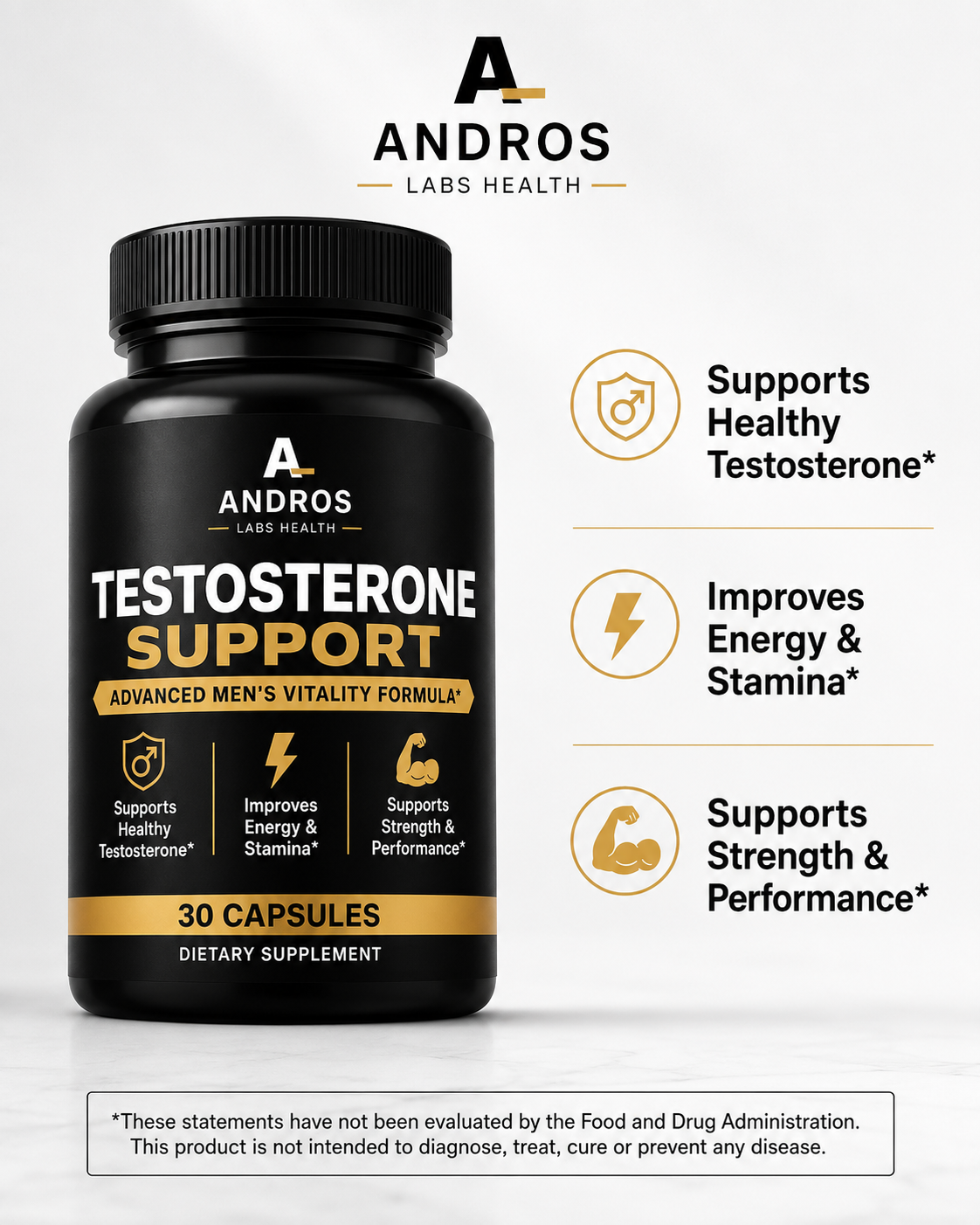 Andros Labs Testosterone Support Black Label — strength, stamina and vitality benefits for men over 40